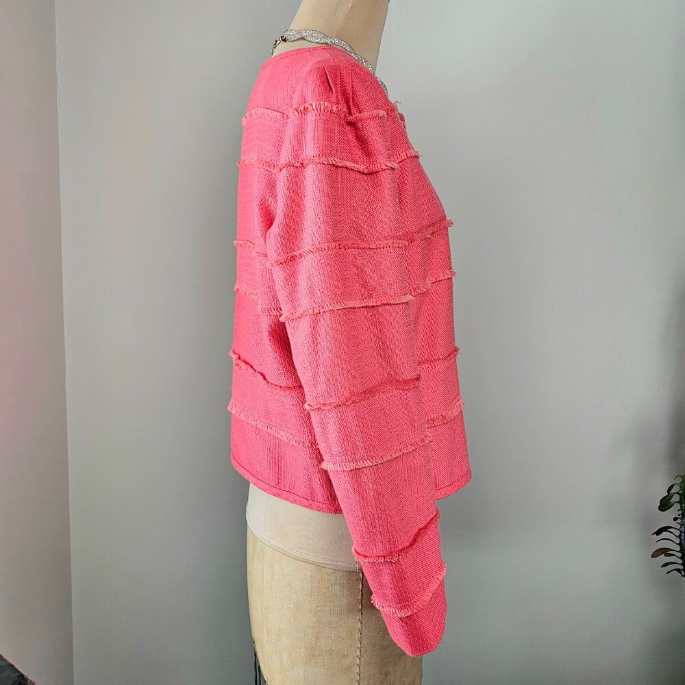 J.Crew Coral Fringe-Trim Cropped Jacket Size 10 Raw Edge Tiered Statement Blazer - Picture 8 of 13